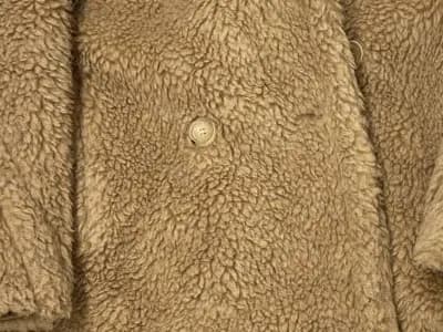 Teddy Bear coat button and surrounding fleece texture from a coat with a fake outcome in this sample; texture and button alone did not distinguish it.