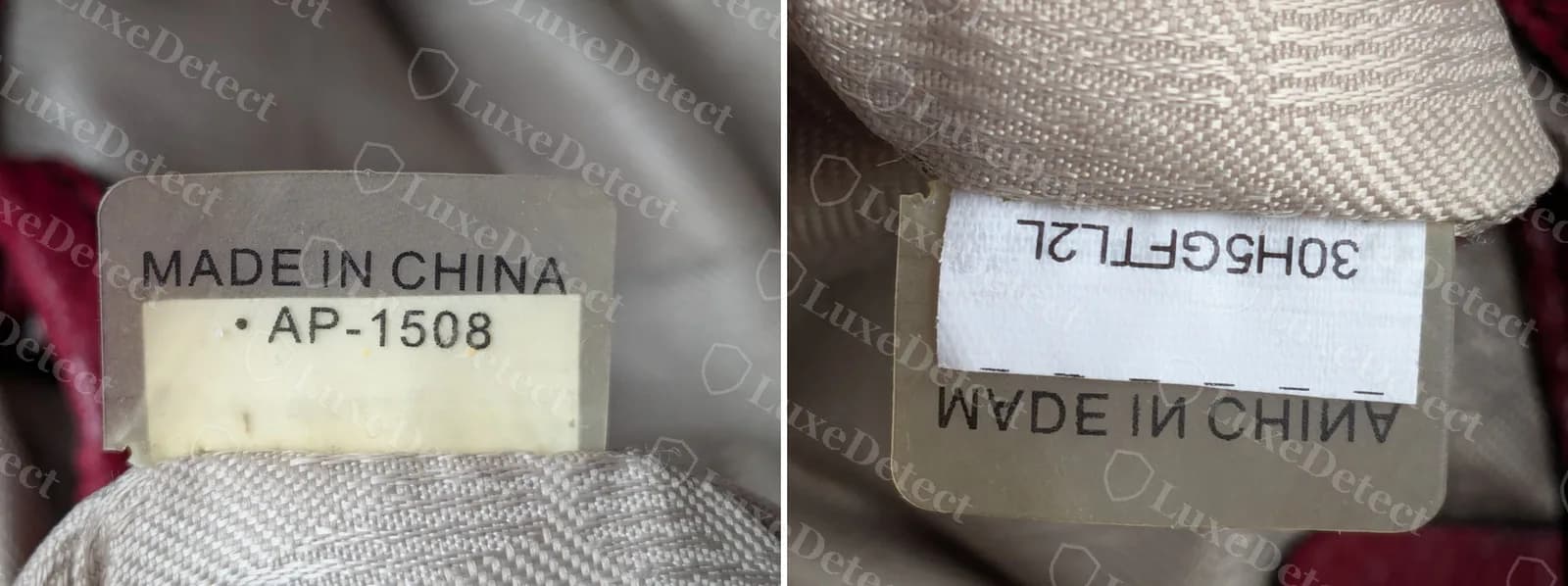 Etiqueta original en un bolso de hombro Fulton: MADE IN CHINA con el código AP-1508, y la etiqueta aparte del número de estilo a su lado