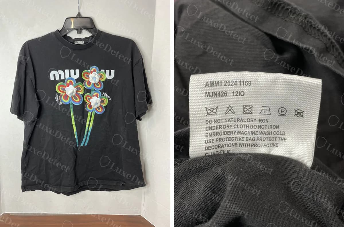 Counterfeit flower-print T-shirt whose care label repeats the genuine skirt's code line, AMM1 2024 1169 / MJN426 12IO, and its feather-care text word for word.