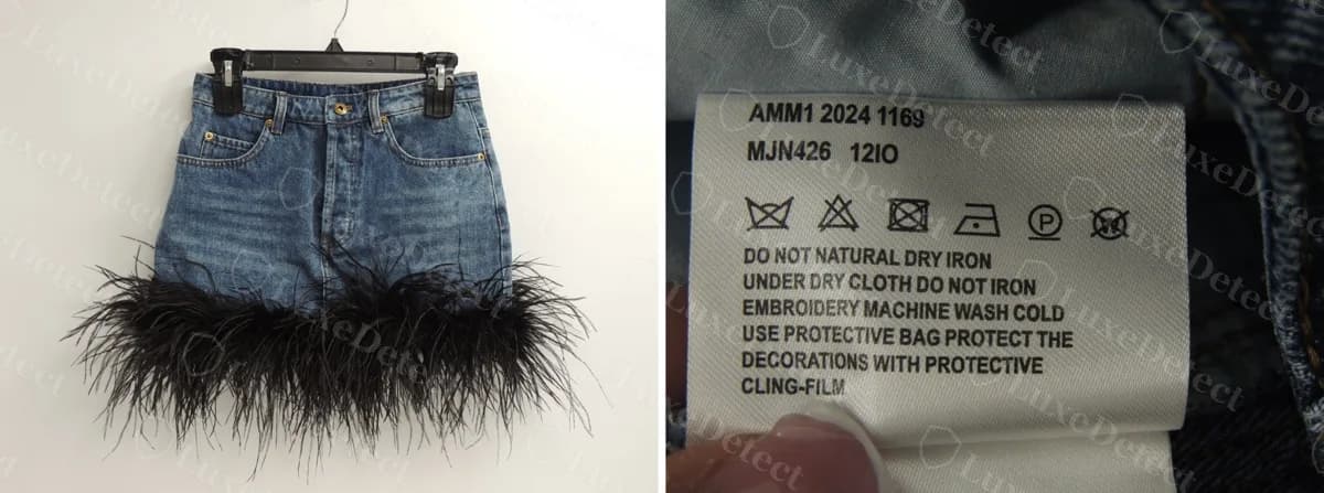 Genuine denim miniskirt with a feather hem, and its care label: AMM1 2024 1169, MJN426 12IO, with instructions to protect the decorations.