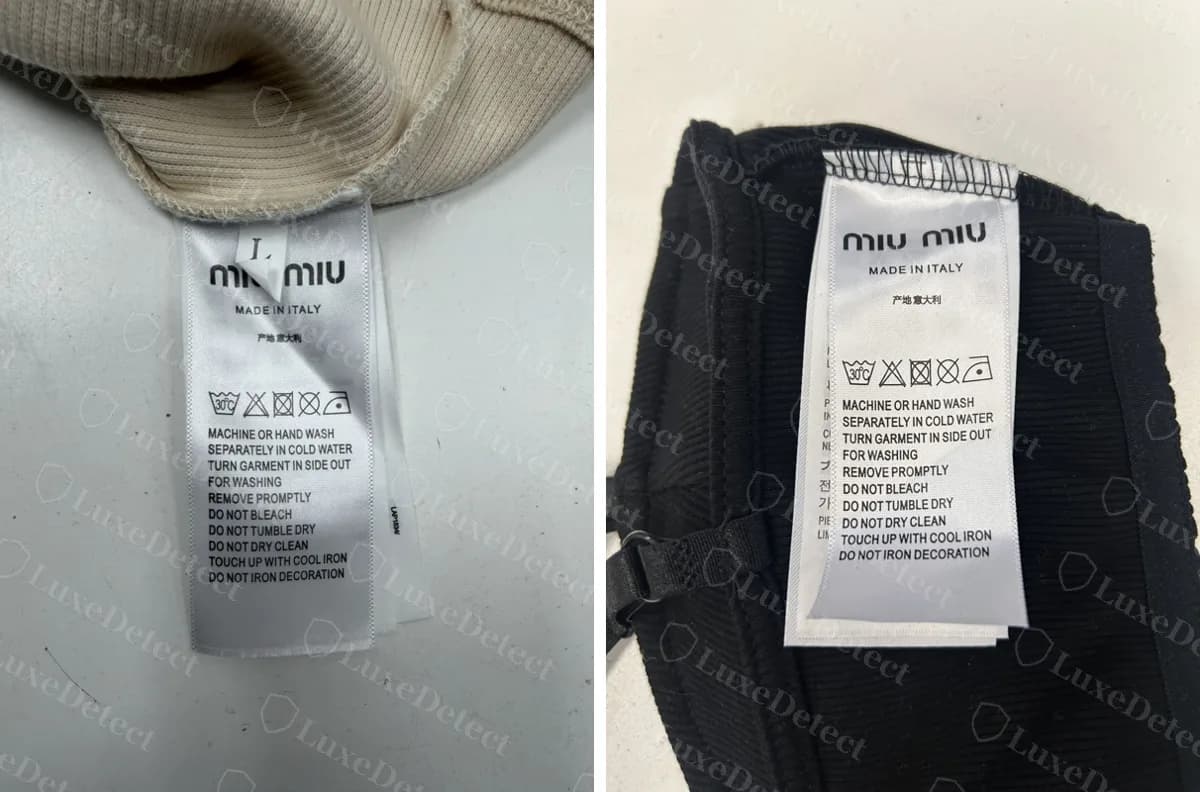 Two counterfeits with the same generic care label: logo, a Chinese 产地 意大利 origin line, and fast-fashion washing text, with no code line or Prada importer block.