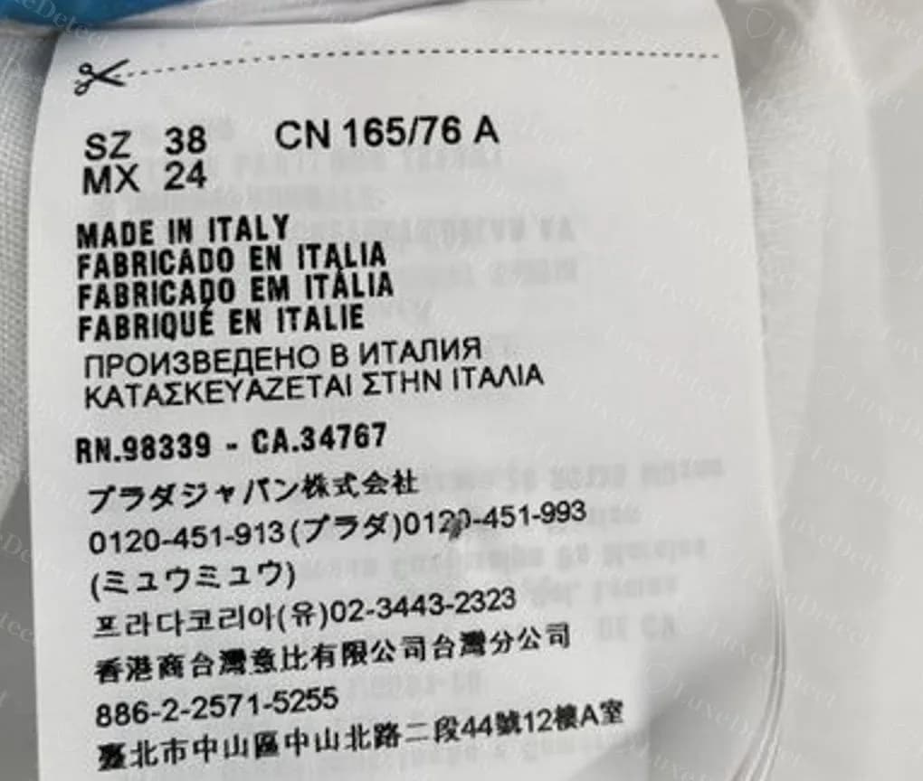 Genuine Miu Miu care label: size conversions, "MADE IN ITALY" in six languages, RN.98339 - CA.34767, and the Prada Japan line with (ミュウミュウ) spelled correctly.