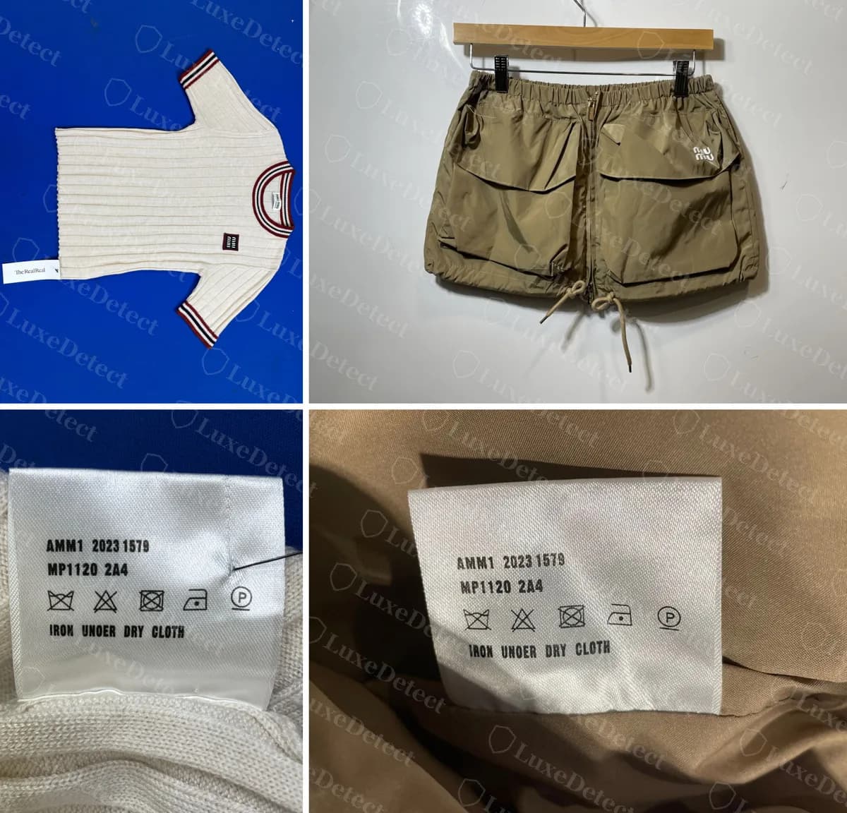 Two counterfeits from separate orders, a ribbed knit tee and a nylon cargo miniskirt, sharing one code line: AMM1 2023 1579 / MP1120 2A4, with the same UNOER misprint.