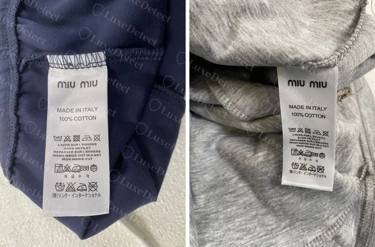 Two counterfeits on the same template: a care label naming (株)リンク・インターナショナル as the Japanese importer instead of Prada Japan, with no RN or code line.