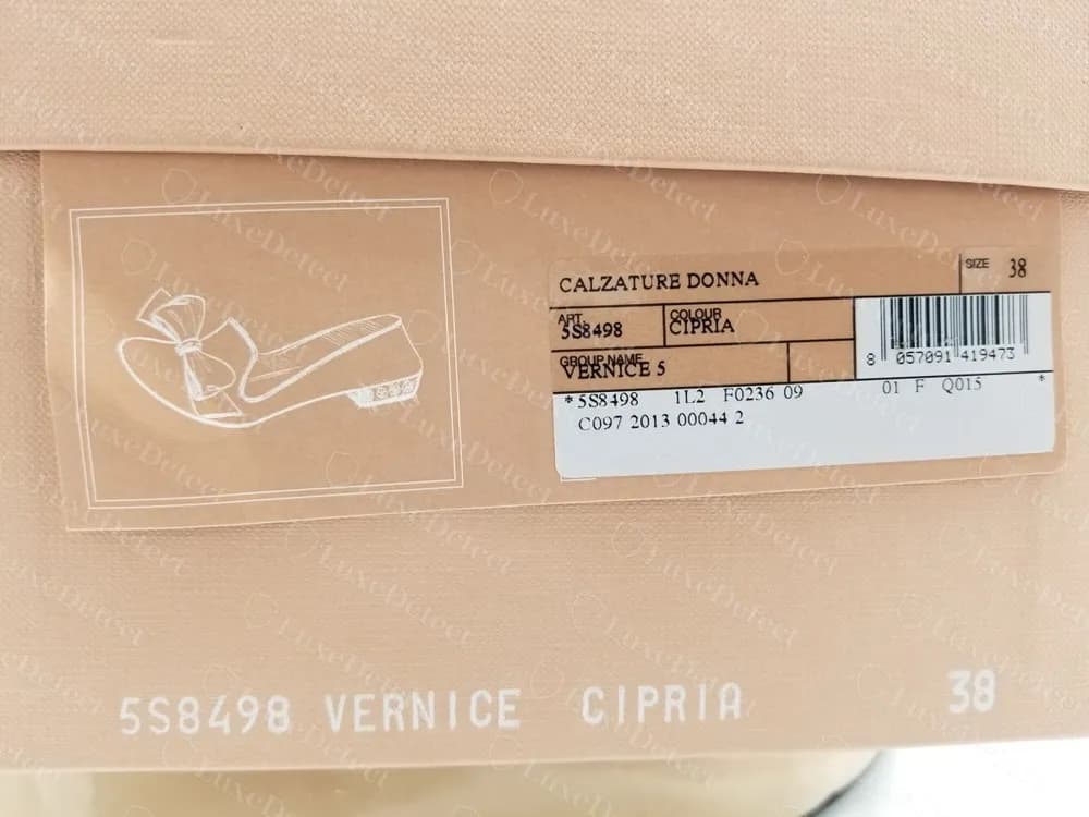 Authentic Miu Miu shoe box label: "CALZATURE DONNA", style code 5S8498, material "VERNICE", colour "CIPRIA" and size 38