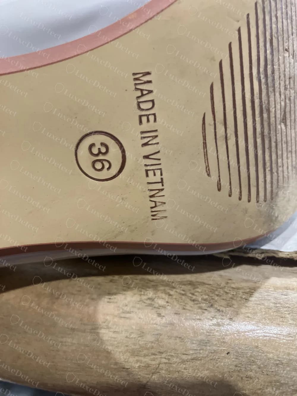 Counterfeit Miu Miu pump sole: the size "36" printed inside a circle beside "MADE IN VIETNAM", a format we never found on an authenticated pair