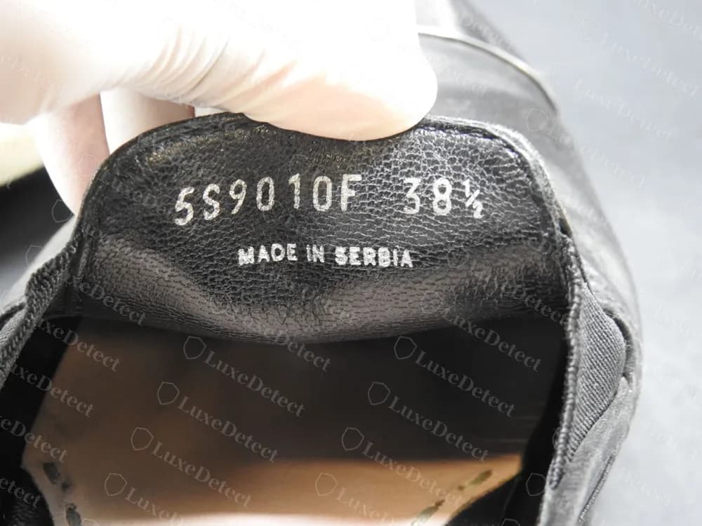 Authentic Miu Miu cap-toe slip-on heel lining: style code "5S9010F", size "38½" and "MADE IN SERBIA" printed as one block