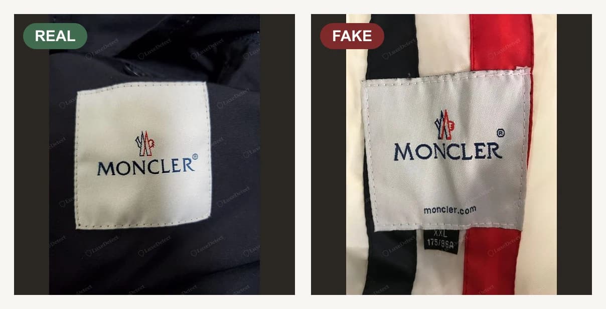 A sinistra, originale: etichetta interna con il logo Moncler: l’etichetta tessuta «MONCLER» all’interno, trama fitta, lettere nitide. A destra, contraffatta: etichetta interna con il logo Moncler: etichetta stampata o con tessitura grossolana, logo sfocato.