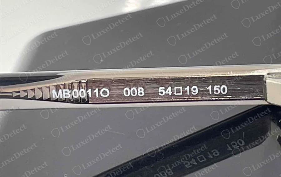 Genuine Montblanc glasses: inner temple printed MB0011O 008 54 square 19 150, a model code, colour code and size