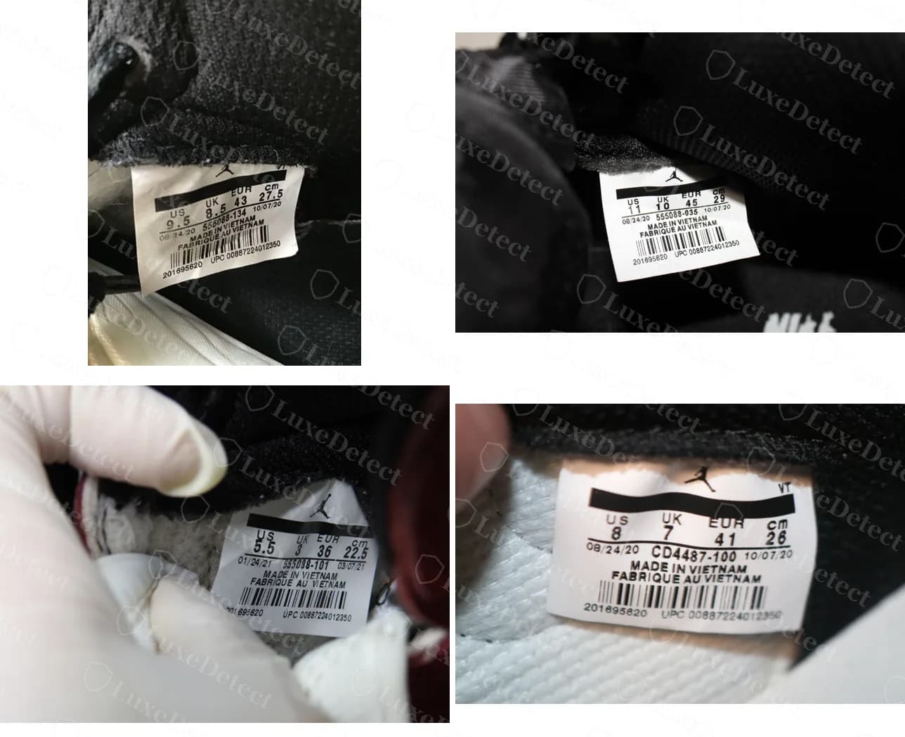 Quattro etichette interne false su paia di colorway diversi (555088-134, 555088-035, 555088-101 e CD4487-100) che stampano tutte lo stesso UPC 00887224012350 e lo stesso numero di lotto 201695620