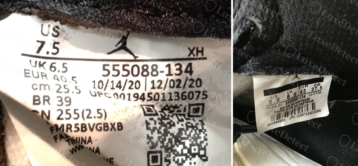 Größenetiketten im Schuh nebeneinander: links ein echtes University-Blue-1-Etikett (555088-134, datiert 10/14/20 und 12/02/20, QR-Code, UPC 00194501136075); rechts ein gefälschtes University-Blue-Etikett (555088-134, datiert 08/24/20 und 10/07/20, Barcode, Made in Vietnam, UPC 00887224012350)