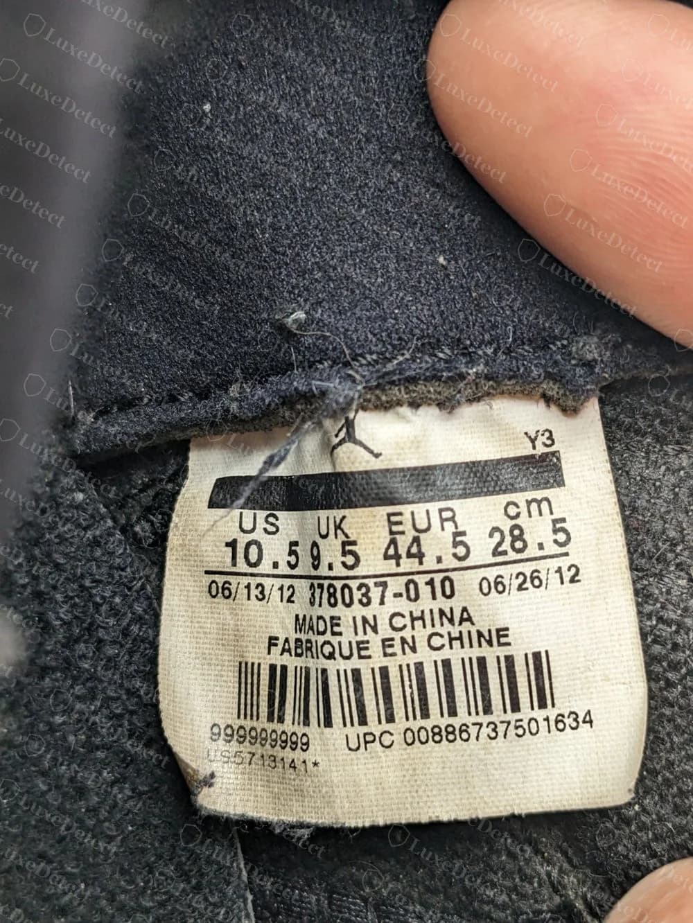 Genuine Air Jordan 11 Bred 2012 size label with barcode layout and code 378037-010, dated June 2012