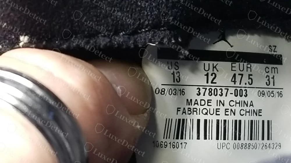 Genuine Air Jordan 11 Space Jam 2016 size label with barcode layout, code 378037-003, Made in China, dated August and September 2016