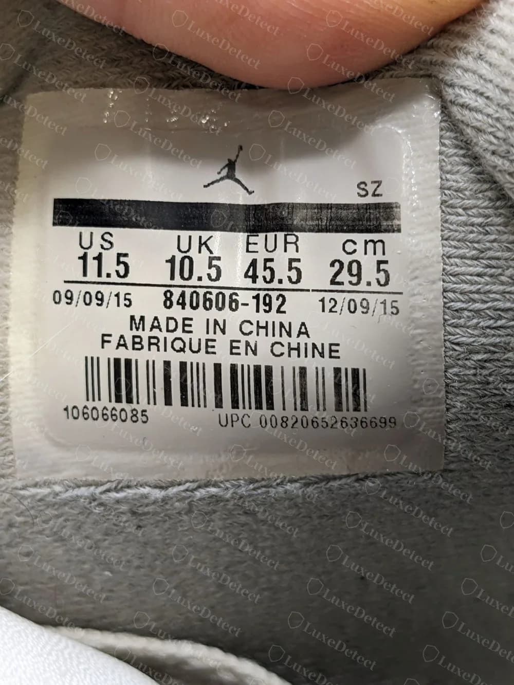 Genuine White Cement 2016 tag: 840606-192, SZ, Made in China, older barcode layout, 09/09/15 and 12/09/15 and a UPC starting 008206526