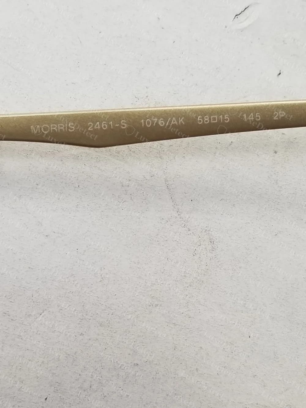 Genuine Persol Morris metal temple stamped MORRIS 2461-S 1076/AK 58, a small square, 15, 145, 2P in white print on a gold temple