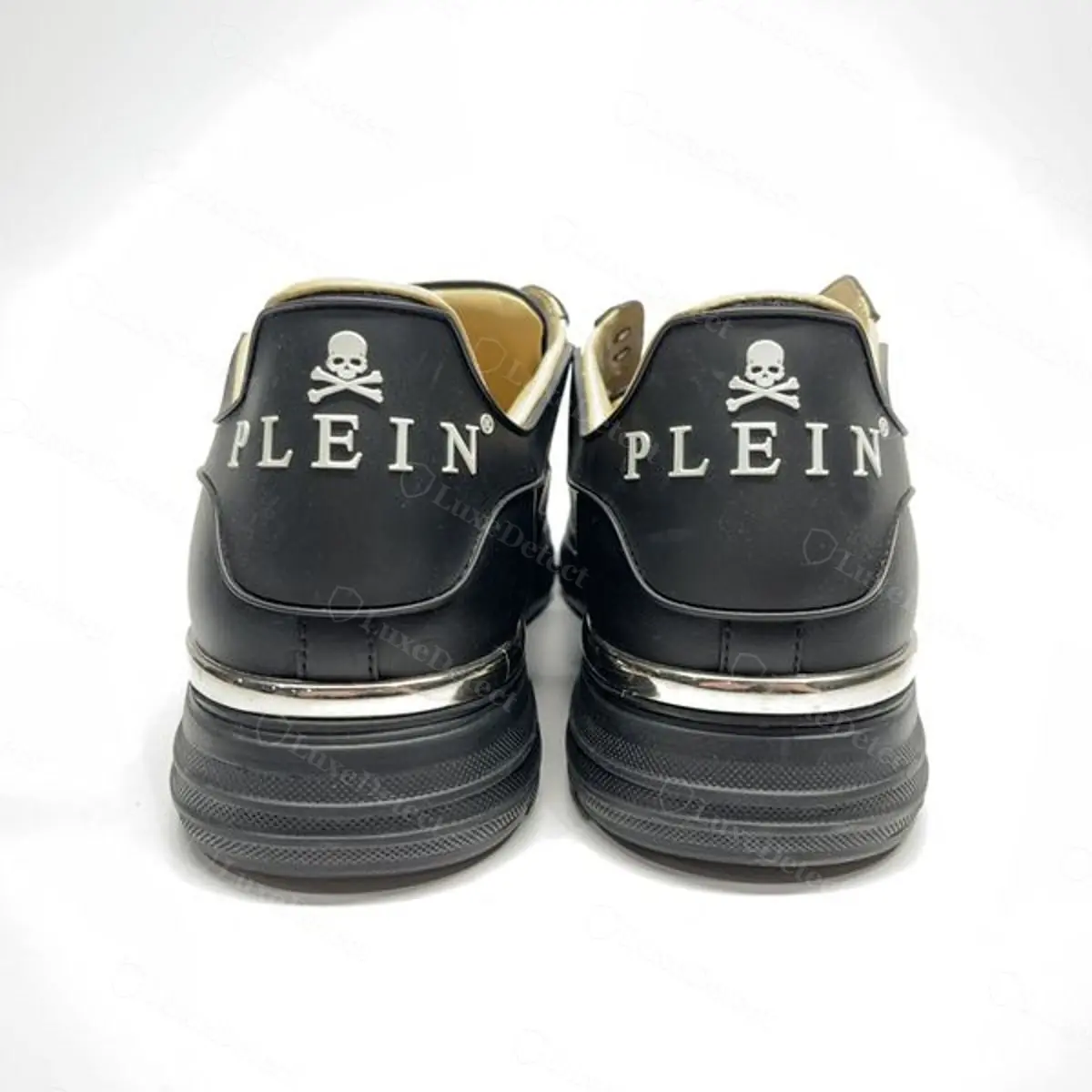 Authentic Philipp Plein sole, "Philipp Plein Made in Italy" embossed at the arch with a repeating hexagonal PP monogram in the surrounding tread