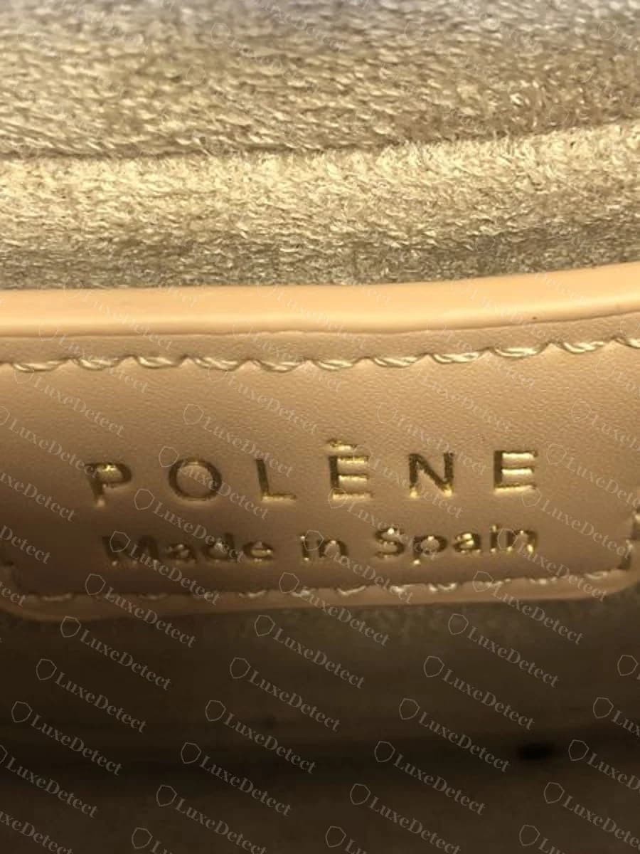 Genuine Numéro Dix interior tab on blush leather: POLÈNE over Made in Spain in mixed case