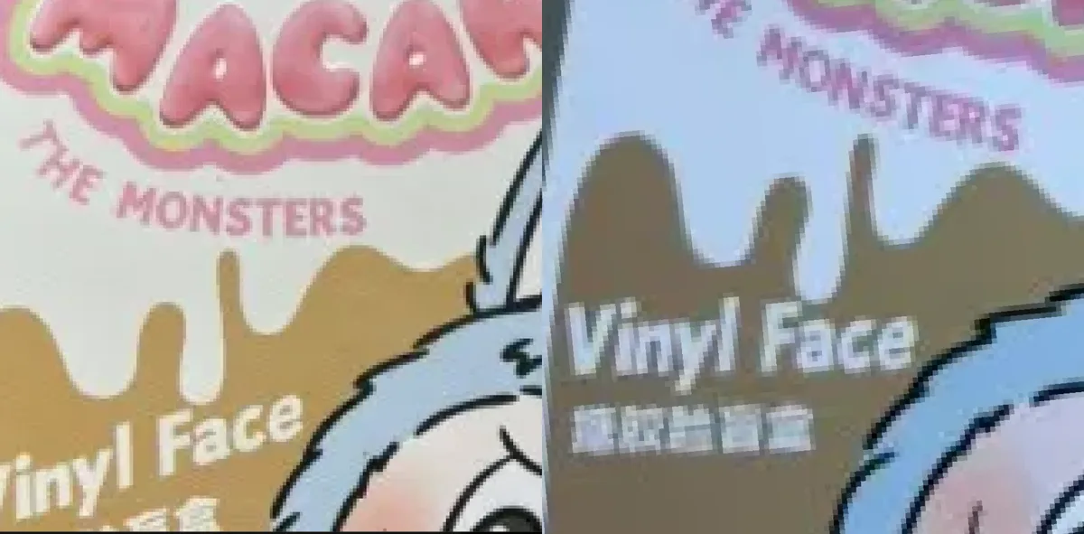 Box print, genuine (left) and counterfeit (right) of the Exciting Macaron box. The genuine "THE MONSTERS" and "Vinyl Face" text is sharp; on the fake it is pixelated and the Chinese text is unreadable.