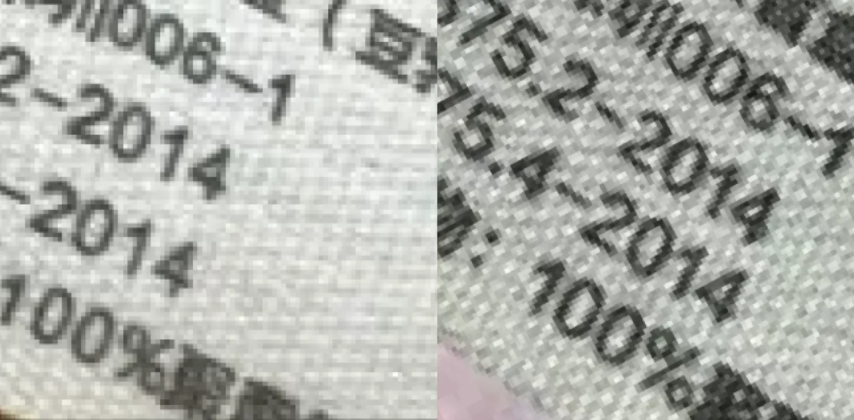 Care label print, genuine (left) and counterfeit (right). The genuine standard numbers and "2014" dates are cleanly printed; the fake's digits are blotchy and differently shaped.