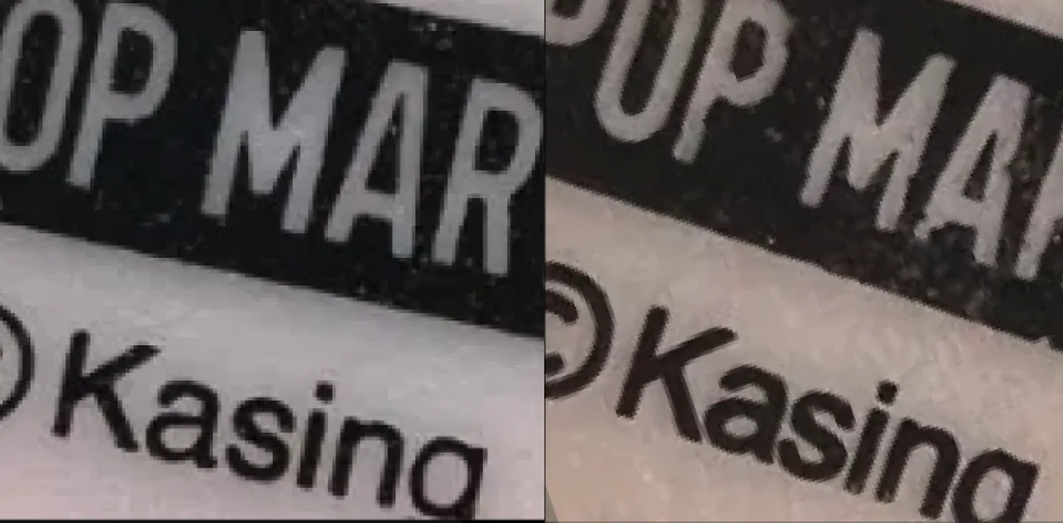 Sewn tag, genuine (left) and counterfeit (right). The genuine "POP MART" letters have sharp corners; on the fake they are thicker and rounded, and the "© Kasing" line is blurrier.