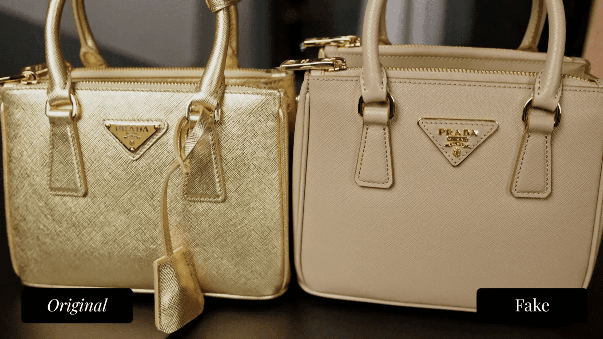 Prada Galleria full bag comparison — authentic gold metallic saffiano (left) vs fake in a flatter, incorrect beige-gold tone (right)