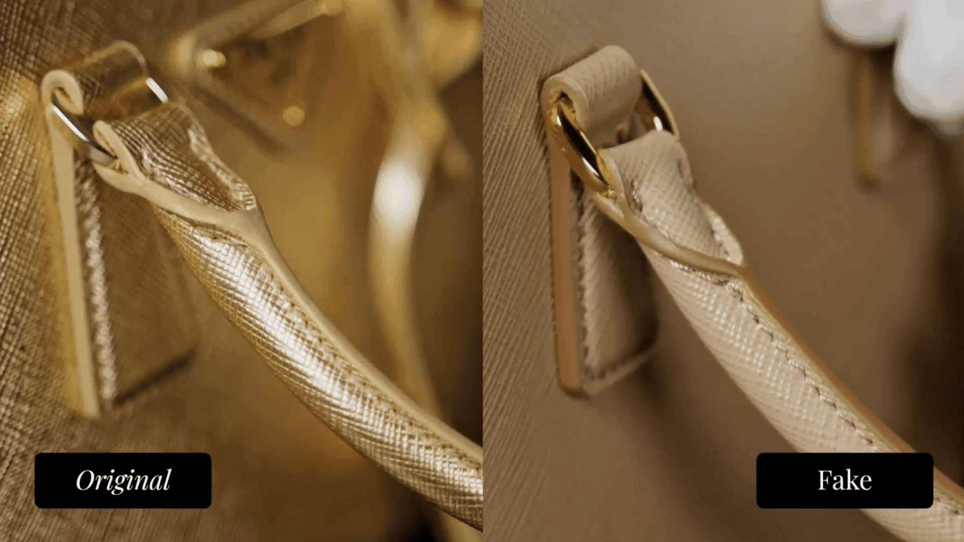 Prada Galleria handle attachment — authentic shows a tight, precisely stitched loop (left) vs fake with looser stitching and less defined loop shape (right)