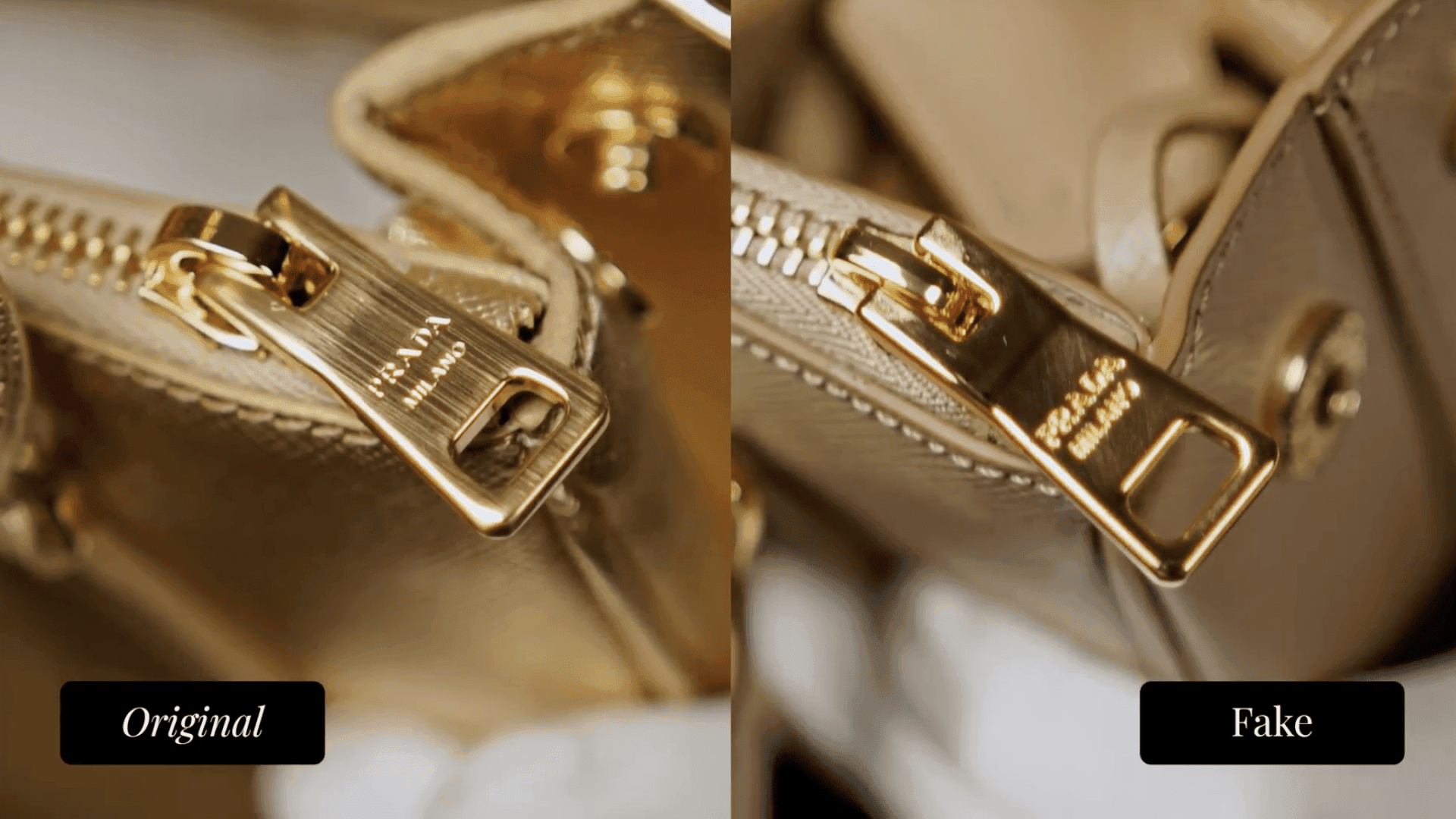 Prada Galleria zipper pull — authentic shows deep, fully legible PRADA MILANO engraving (left) vs fake with shallow, blurred engraving (right)