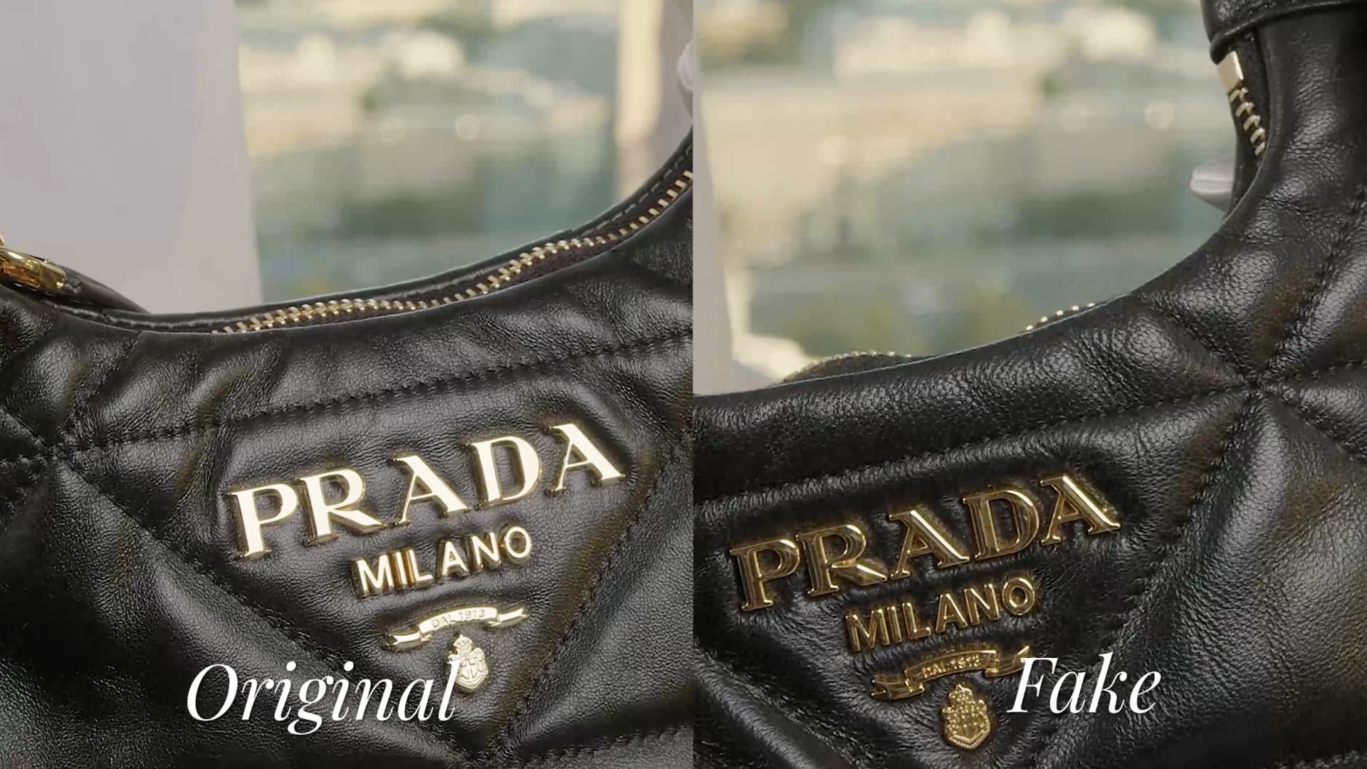 Close-up of logo — authentic (left) shows champagne hardware and dimensional "MILANO" lettering; fake (right) has flat yellow hardware