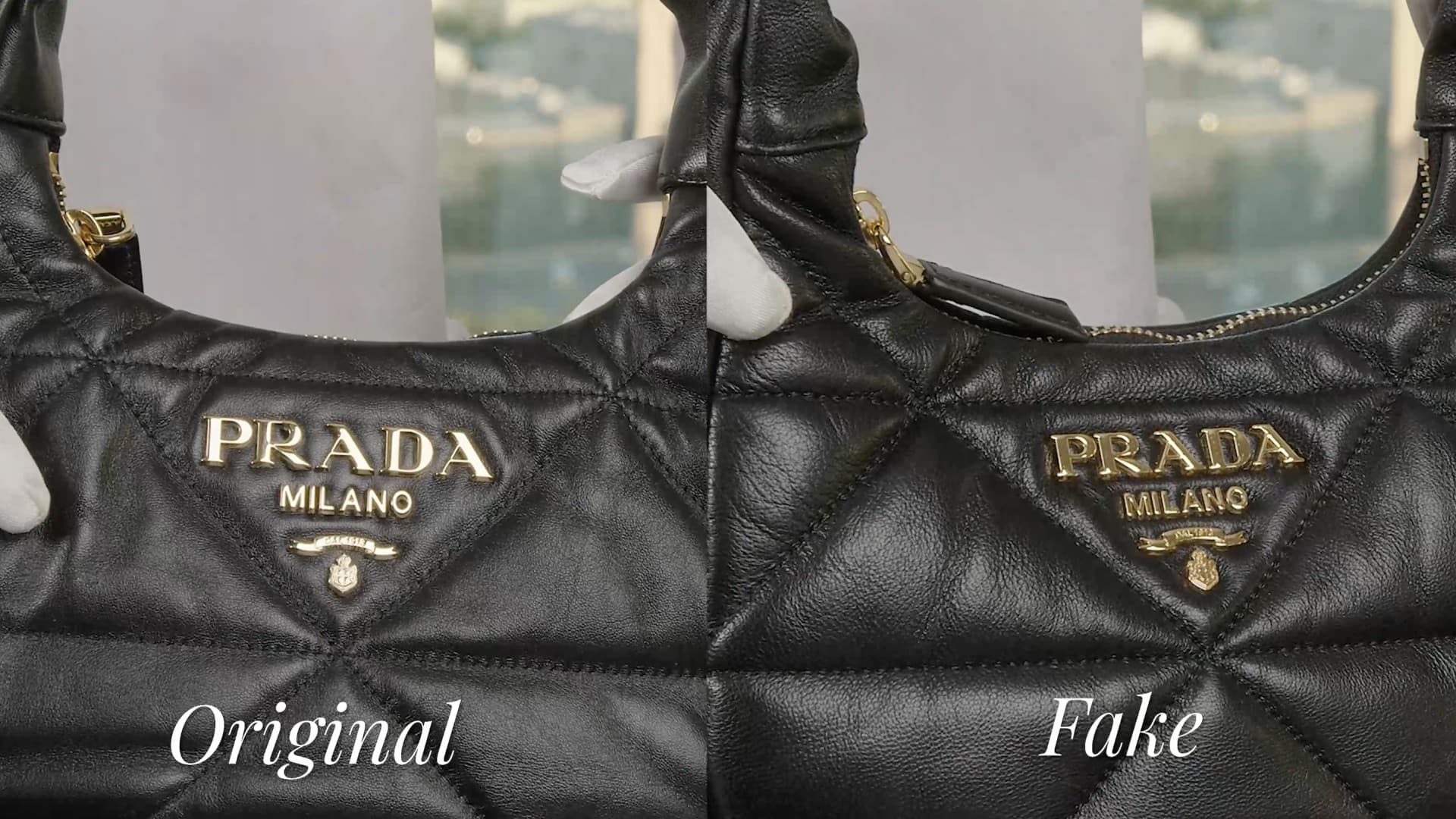 Authentic (left) vs fake (right) — overall leather uniformity and quilted panel consistency