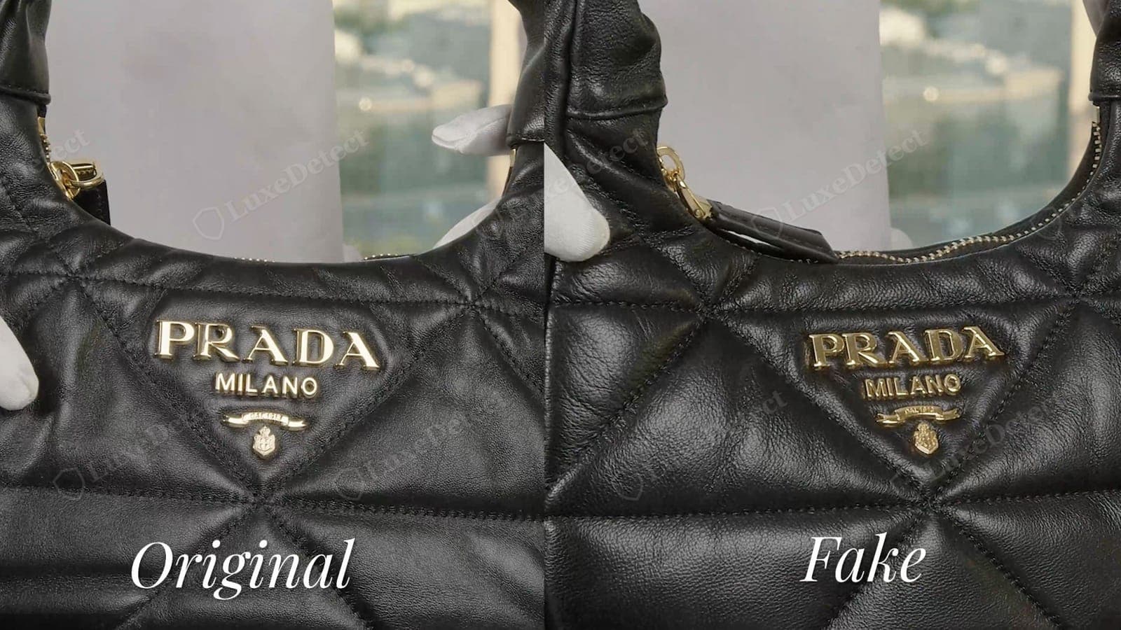 Original (izquierda) vs falso (derecha): uniformidad de los paneles acolchados y placa del logo "PRADA MILANO" en el Nappa acolchado
