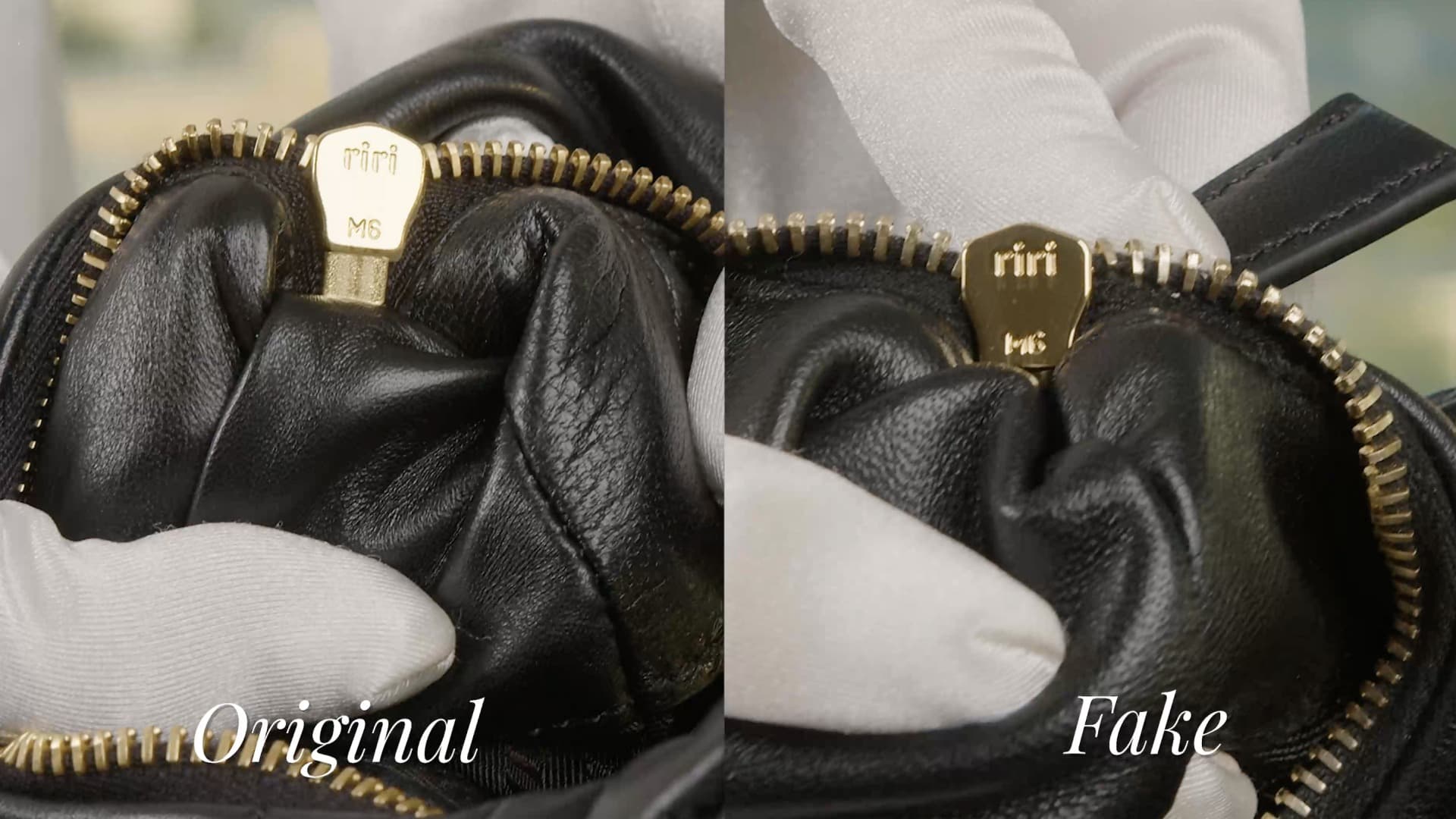 RiRi zipper comparison — authentic (left) vs fake (right). Both use RiRi hardware on this model, but note the gold tone difference