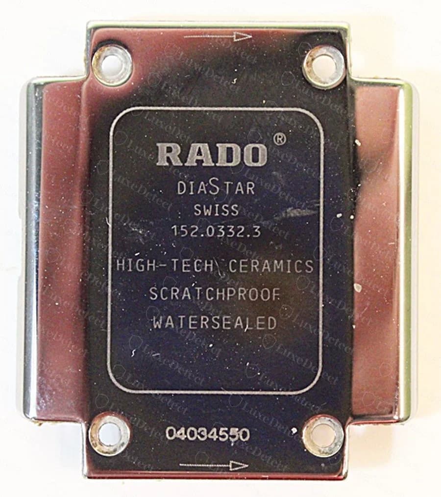 Authentic Rado DiaStar caseback: RADO / DiaStar / SWISS / 152.0332.3 / HIGH-TECH CERAMICS / SCRATCHPROOF / WATERSEALED, every word correctly spelled and evenly spaced throughout