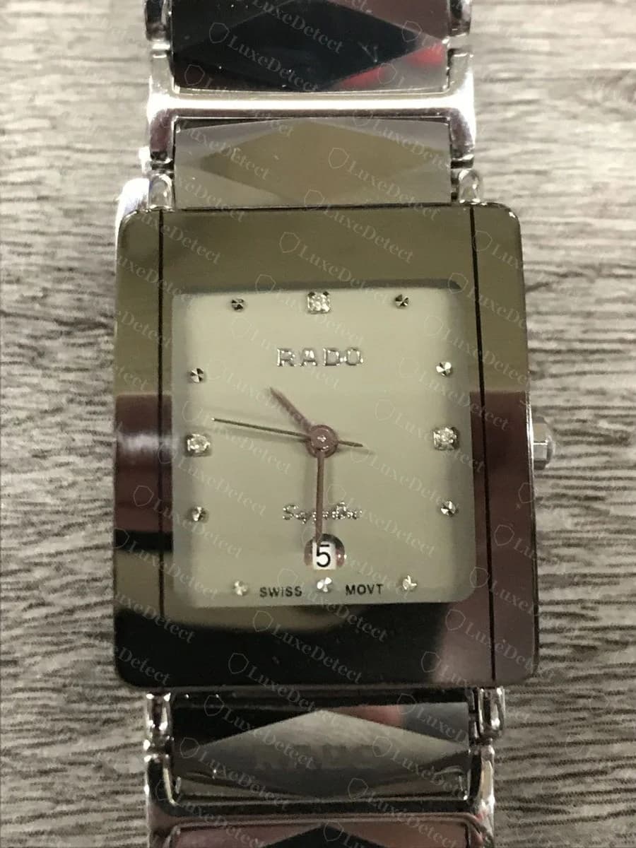 Counterfeit Rado Jubilé, front view: the square ceramic case and bracelet closely copy the genuine silhouette, this watch's fake status only shows up on the caseback and clasp, not the dial