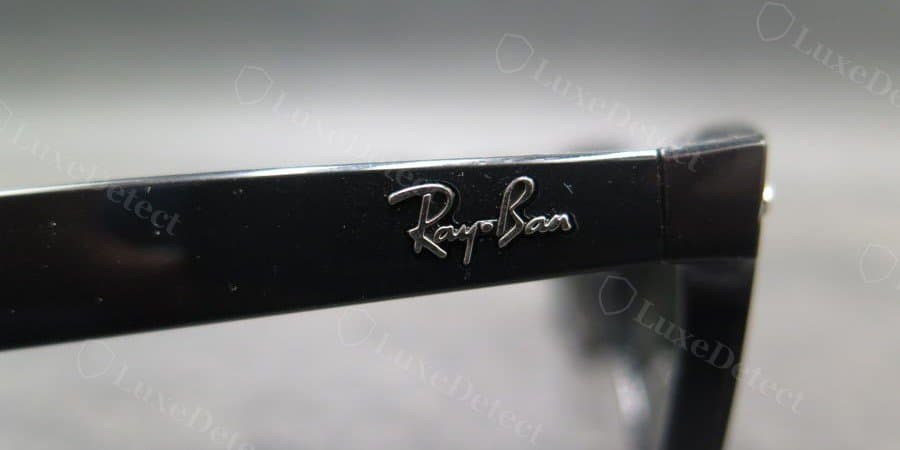 Authentic Ray-Ban script on the temple: deep, glossy embossing with a sharp closed-loop R