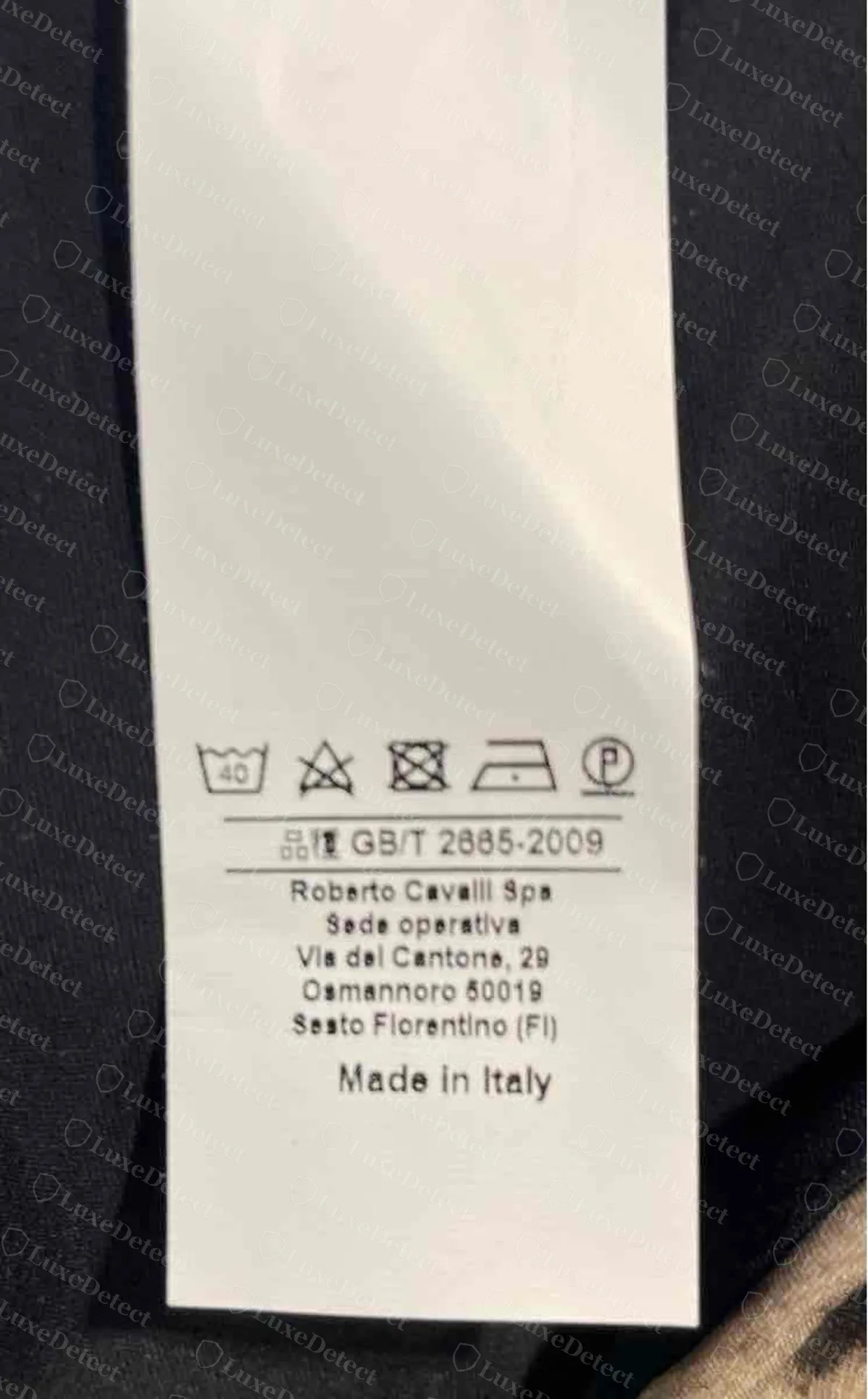 Genuine Roberto Cavalli care label with wash symbols, a GB/T reference line, Roberto Cavalli Spa with the Via del Cantone address in Osmannoro, Sesto Fiorentino, and Made in Italy