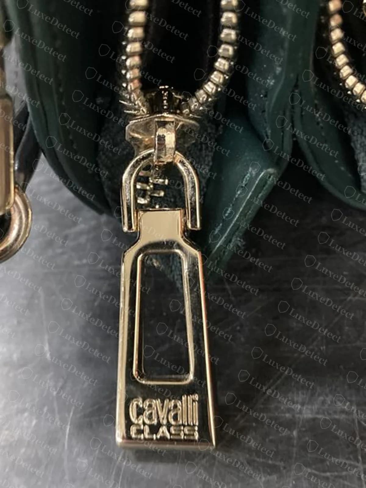 Puxador de zíper dourado Cavalli Class original em uma bolsa de couro verde-escuro, com um recorte retangular e cavalli CLASS em letras em relevo na base