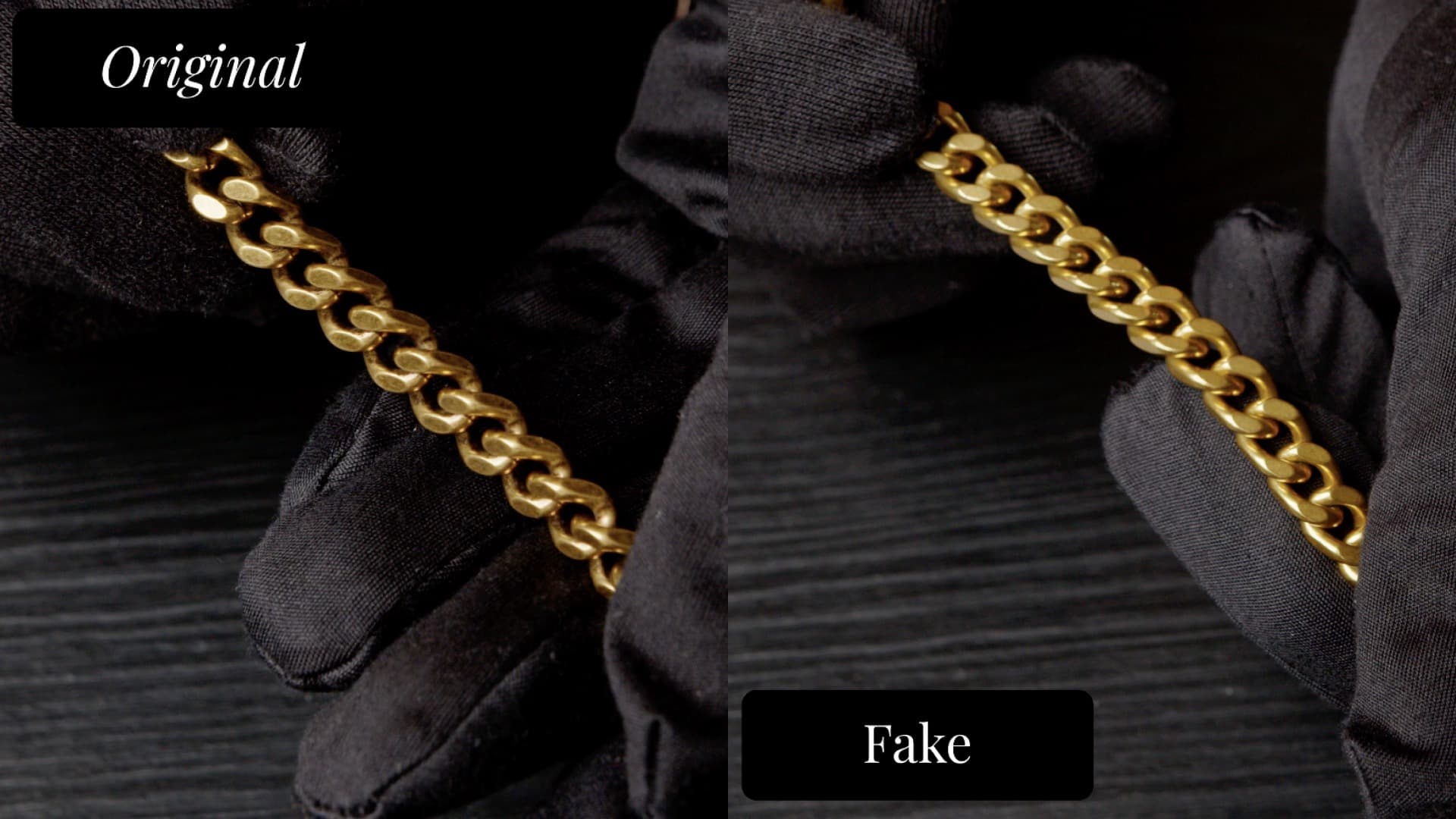 Saint Laurent Sade chain strap — authentic shows thicker, matte-gold curb links (left) vs fake with thinner, shinier chain links (right)