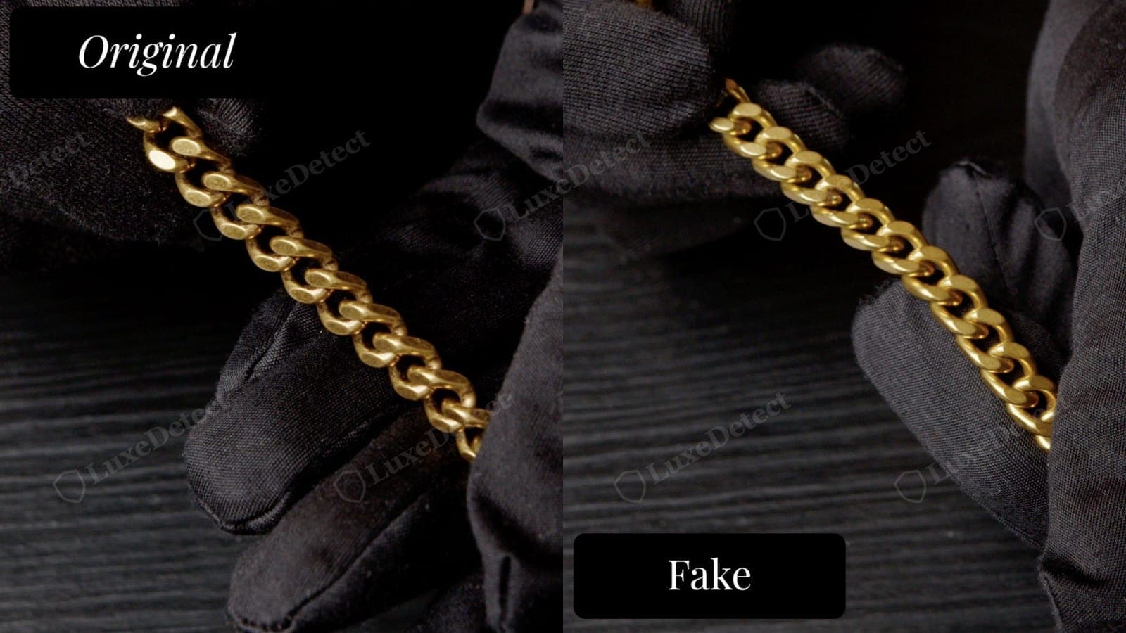 Saint Laurent Sade chain strap, authentic shows thicker, matte-gold curb links (left) vs fake with thinner, shinier chain links (right)