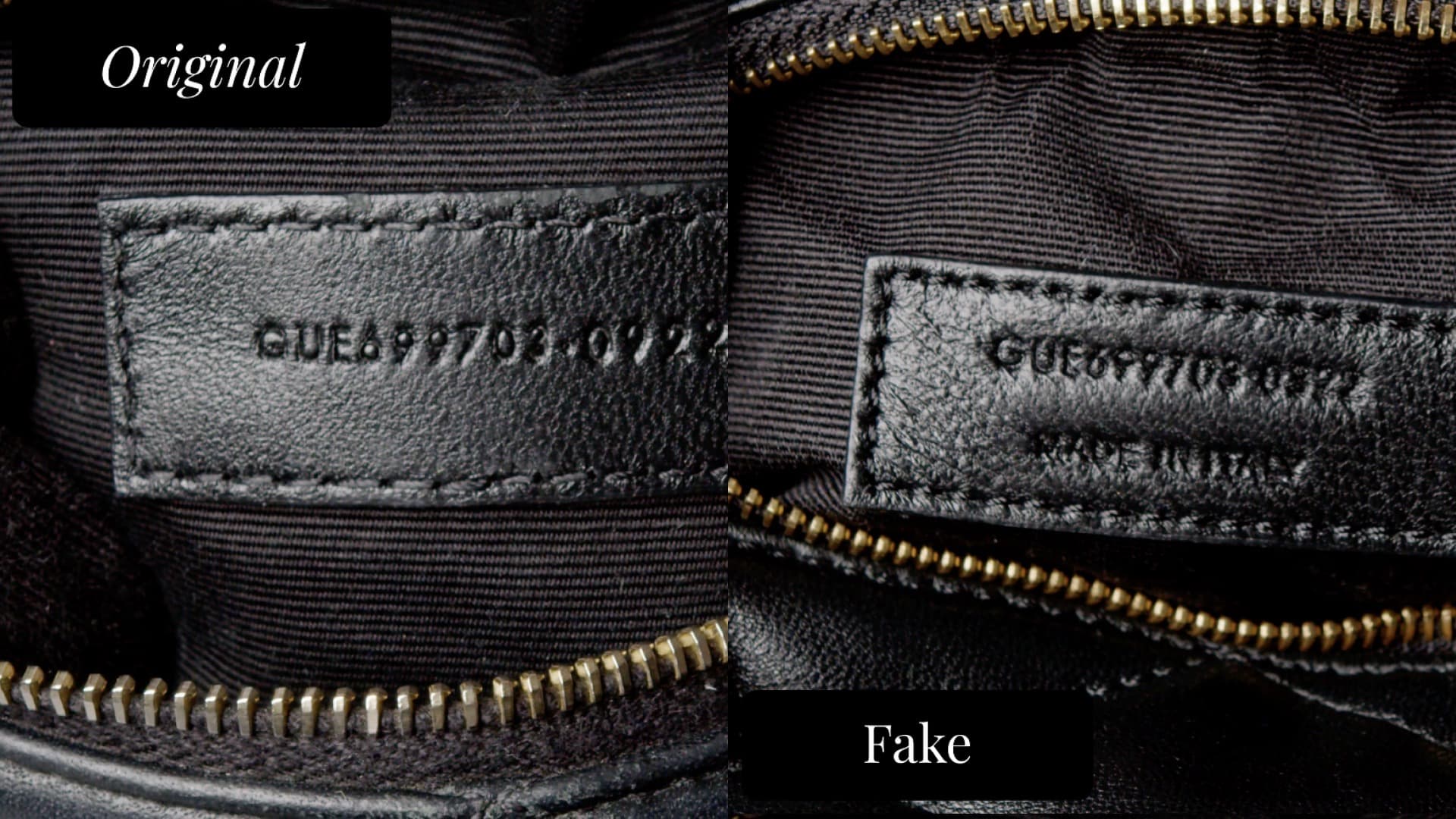 Saint Laurent date code stamp comparison — authentic shows clean, evenly spaced characters (left) vs fake with smudged, cramped stamping (right)