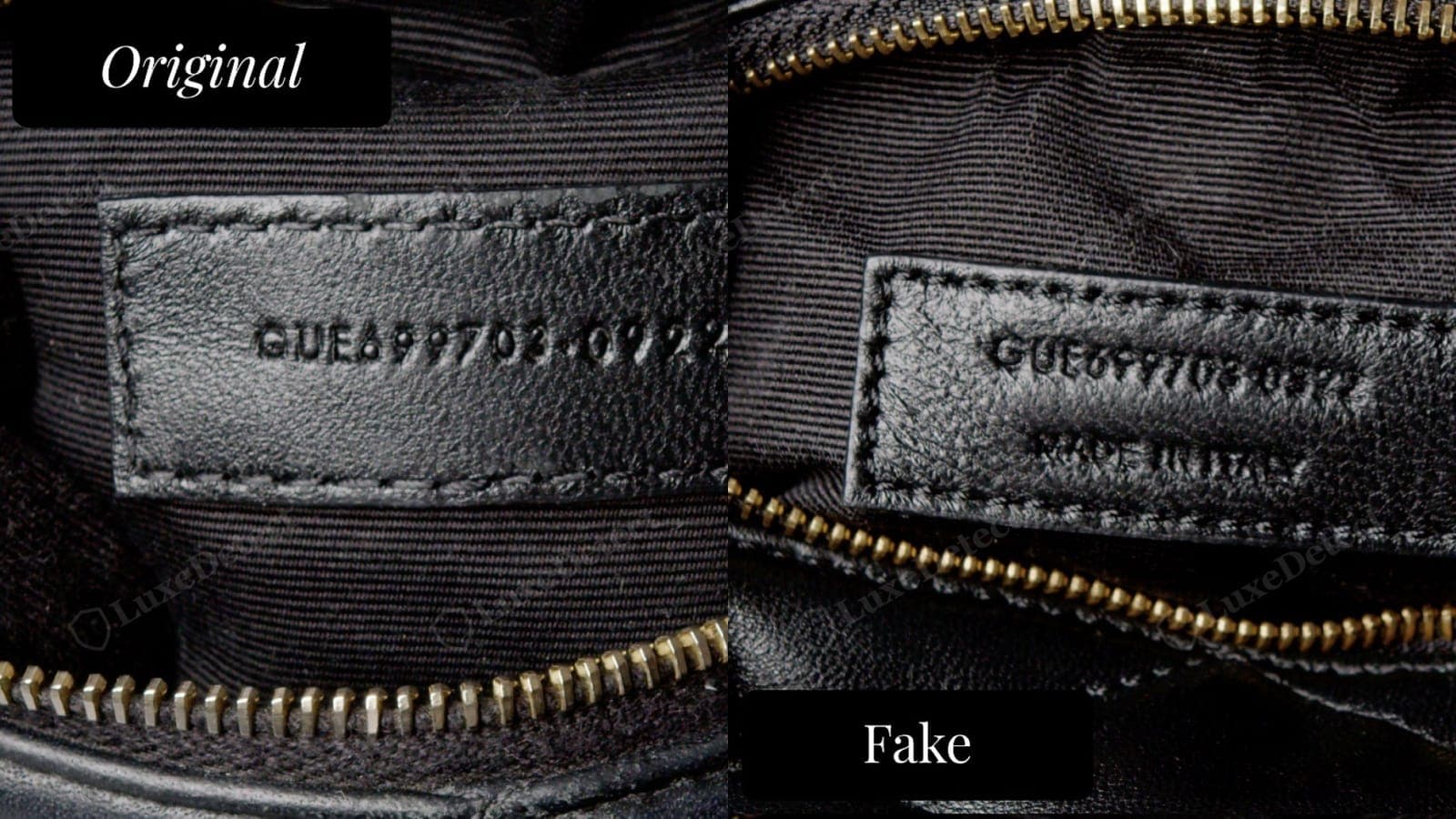 Saint Laurent date code stamp comparison, authentic shows clean, evenly spaced characters (left) vs fake with smudged, cramped stamping (right)
