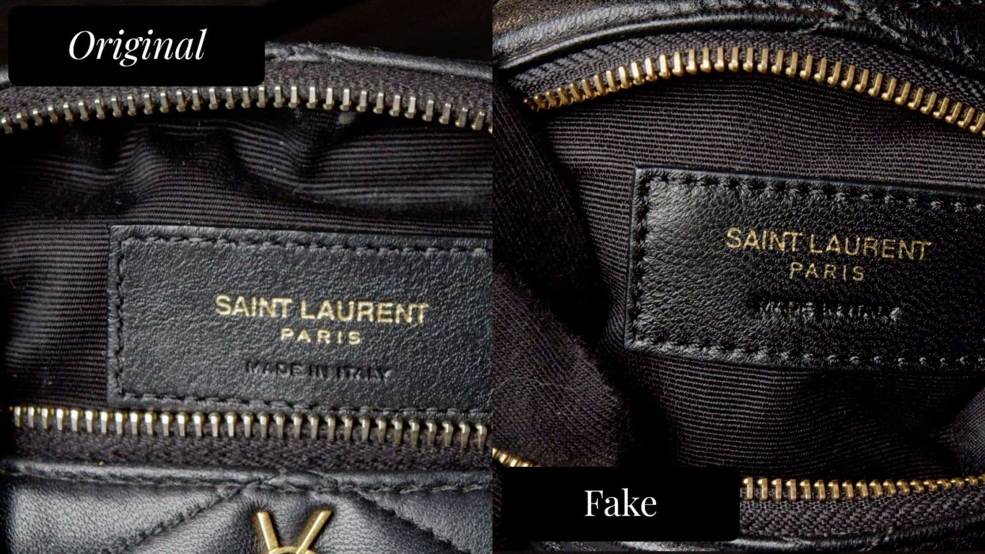 Saint Laurent interior brand patch — authentic shows fully legible three-line stamping (left) vs fake with cropped, harder-to-read text (right)
