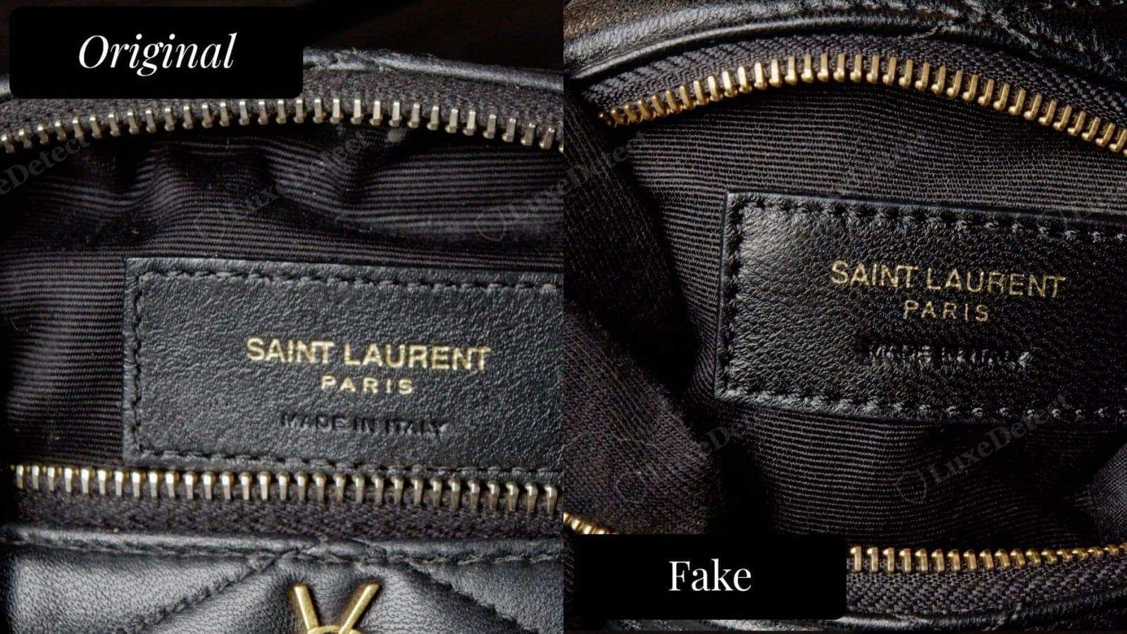 Saint Laurent interior brand patch, authentic shows fully legible three-line stamping (left) vs fake with cropped, harder-to-read text (right)