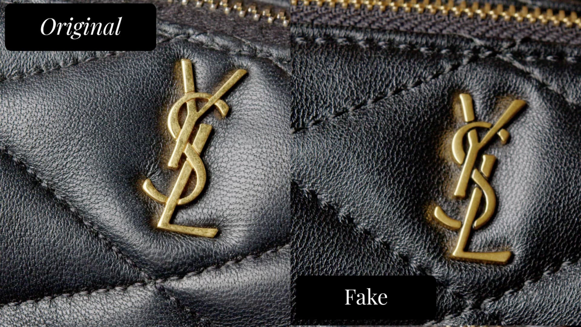 Saint Laurent YSL logo and matelassé quilting — authentic shows crisp, well-defined diamond quilting (left) vs fake with flatter, softer quilting definition (right)