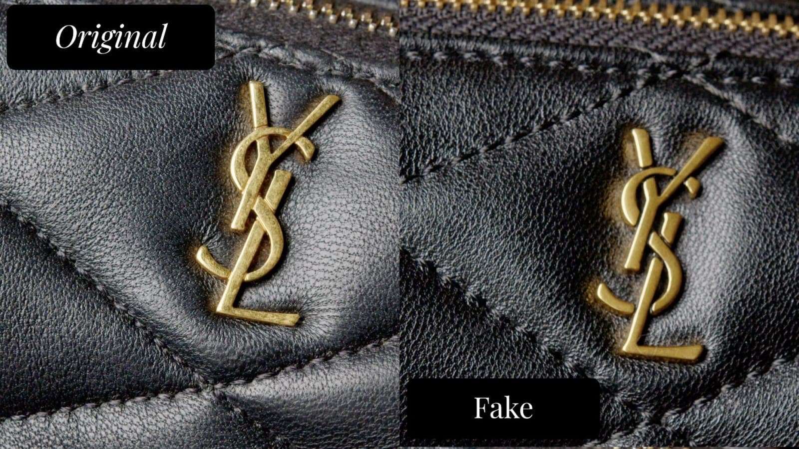 Logo YSL y acolchado matelassé de Saint Laurent: el original muestra un acolchado de rombos nítido y bien definido (izquierda) frente a la falsificación con una definición del acolchado más plana y suave (derecha)