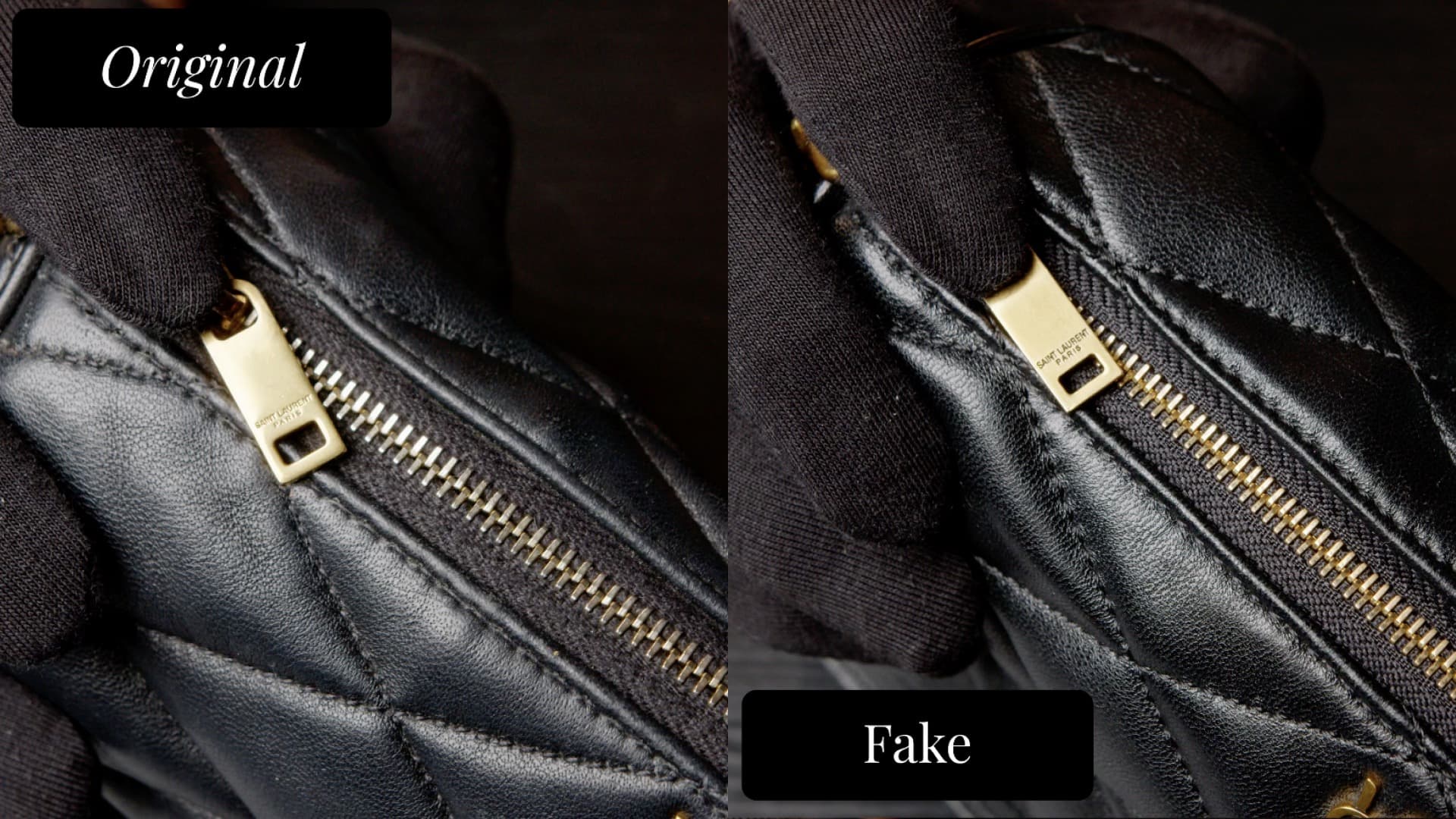 Second angle of the same zipper pull, showing the engraving comparison from a slightly different crop