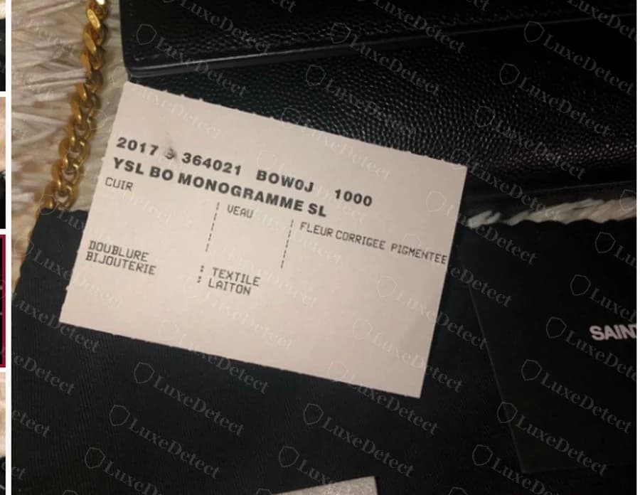 Saint Laurent Kate interior, showing the foil-stamped SAINT LAURENT PARIS mark above the chain bar and the separate leather brand tag lower on the flap
