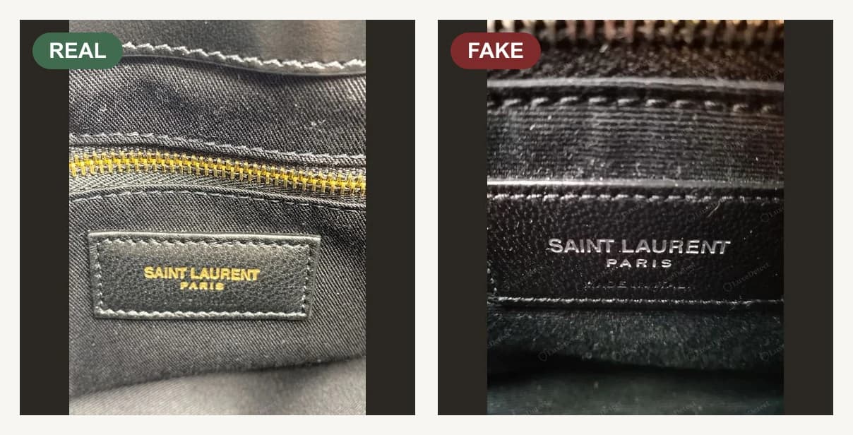 À gauche, authentique : étiquette intérieure d'un Saint Laurent Loulou, étiquette de cuir « SAINT LAURENT » cousue droit, gaufrage net et régulier. À droite, contrefaite : étiquette intérieure d'un Saint Laurent Loulou, étiquette de travers ou grossière, mauvaise police, gaufrage irrégulier.