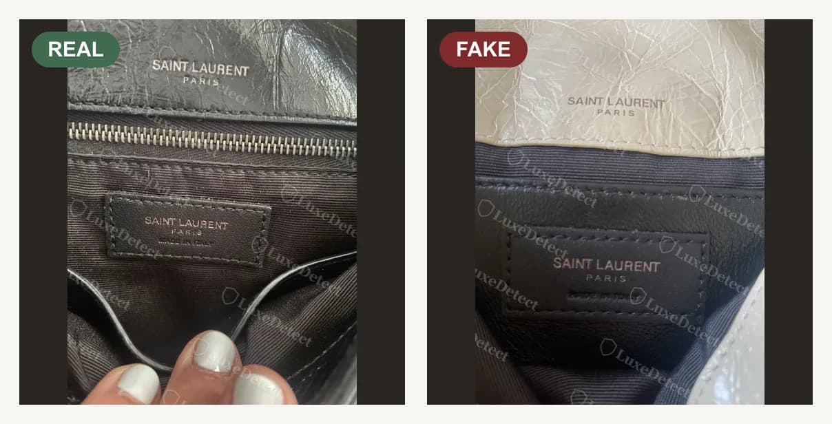 A la izquierda, original: el interior de un Saint Laurent Niki, con el relieve "SAINT LAURENT PARIS" encima del cierre y la etiqueta de cuero de tres líneas a juego que dice "SAINT LAURENT PARIS MADE IN ITALY". A la derecha, falsificación: la etiqueta interior de un Saint Laurent Niki en color crema, que dice "SAINT LAURENT PARIS" correctamente y está limpiamente ejecutada.