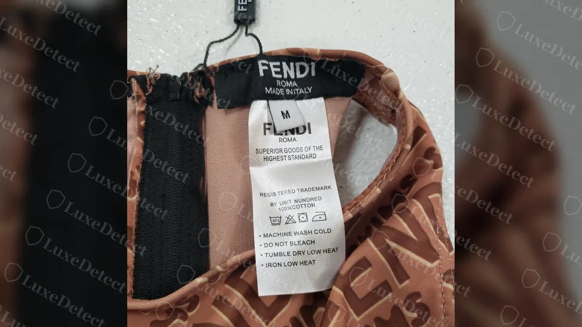 Fake Fendi x SKIMS swimsuit: a generic Fendi Roma neck label and a care tag with misspellings and a 100% cotton claim
