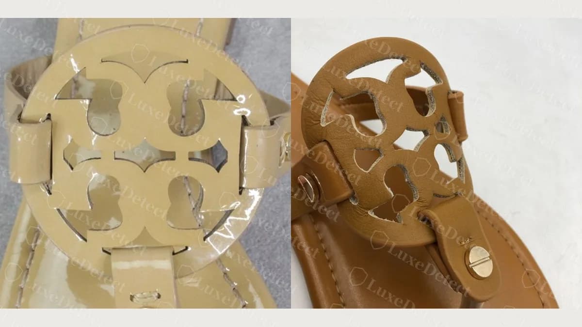 Left: genuine Miller medallion with crisp interlocking Ts. Right: fake Miller medallion with a blobby, uneven cut-out
